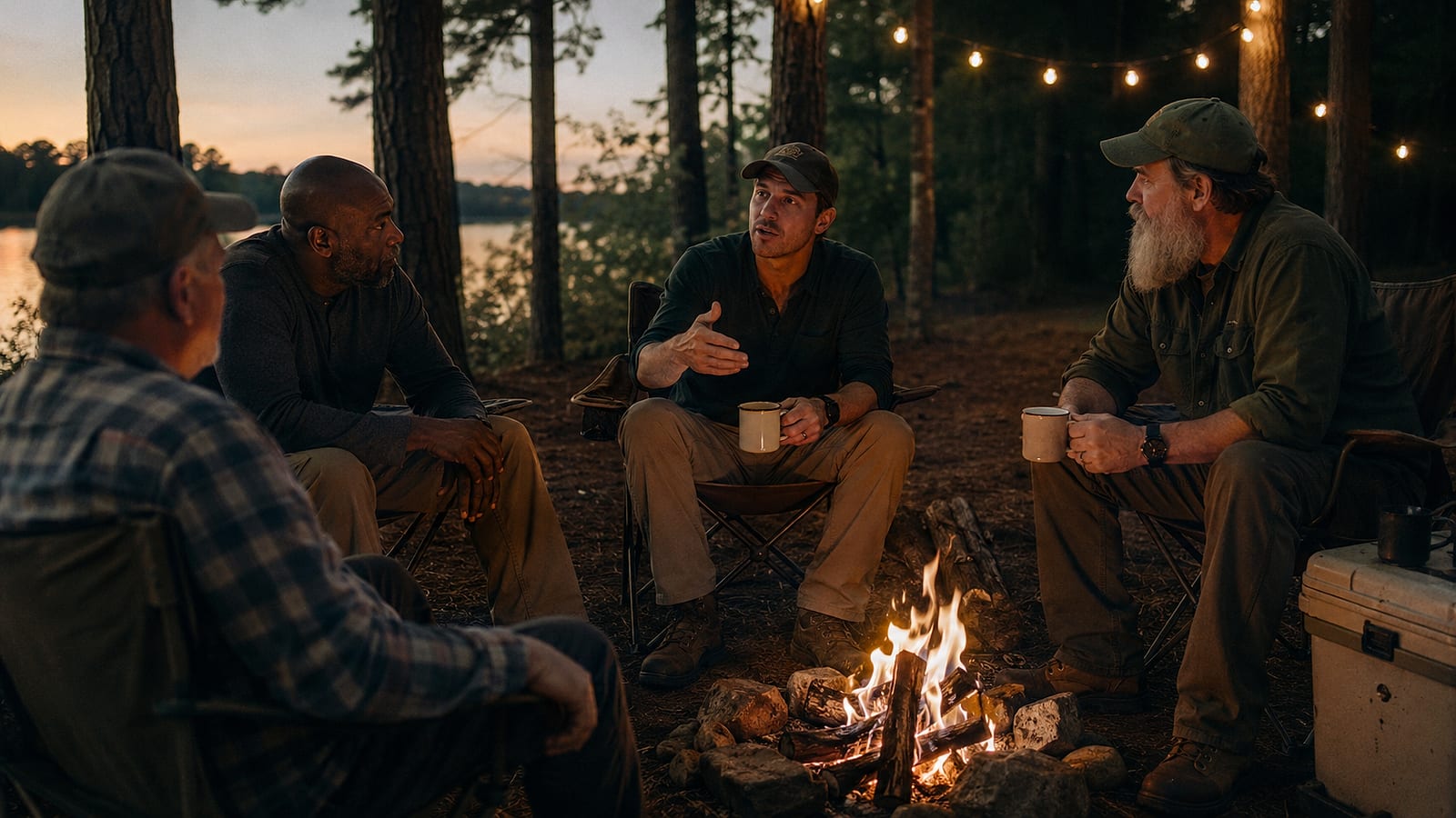 Four men talking around a campfire by a lake at dusk