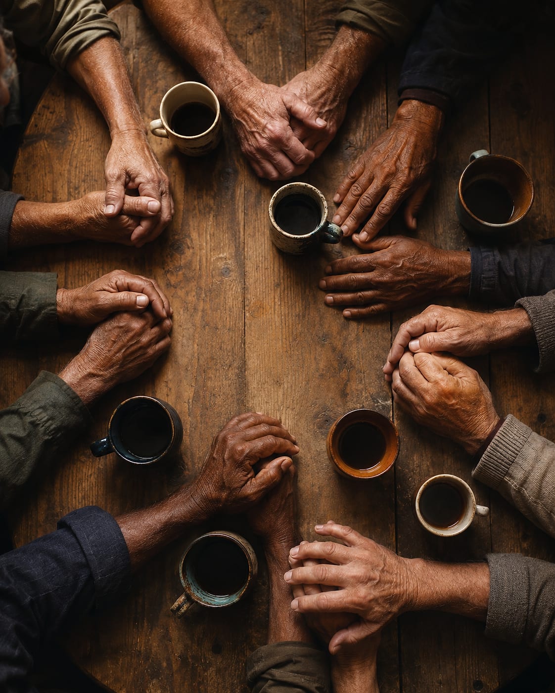 A circle of men's hands and coffee mugs on a wooden table