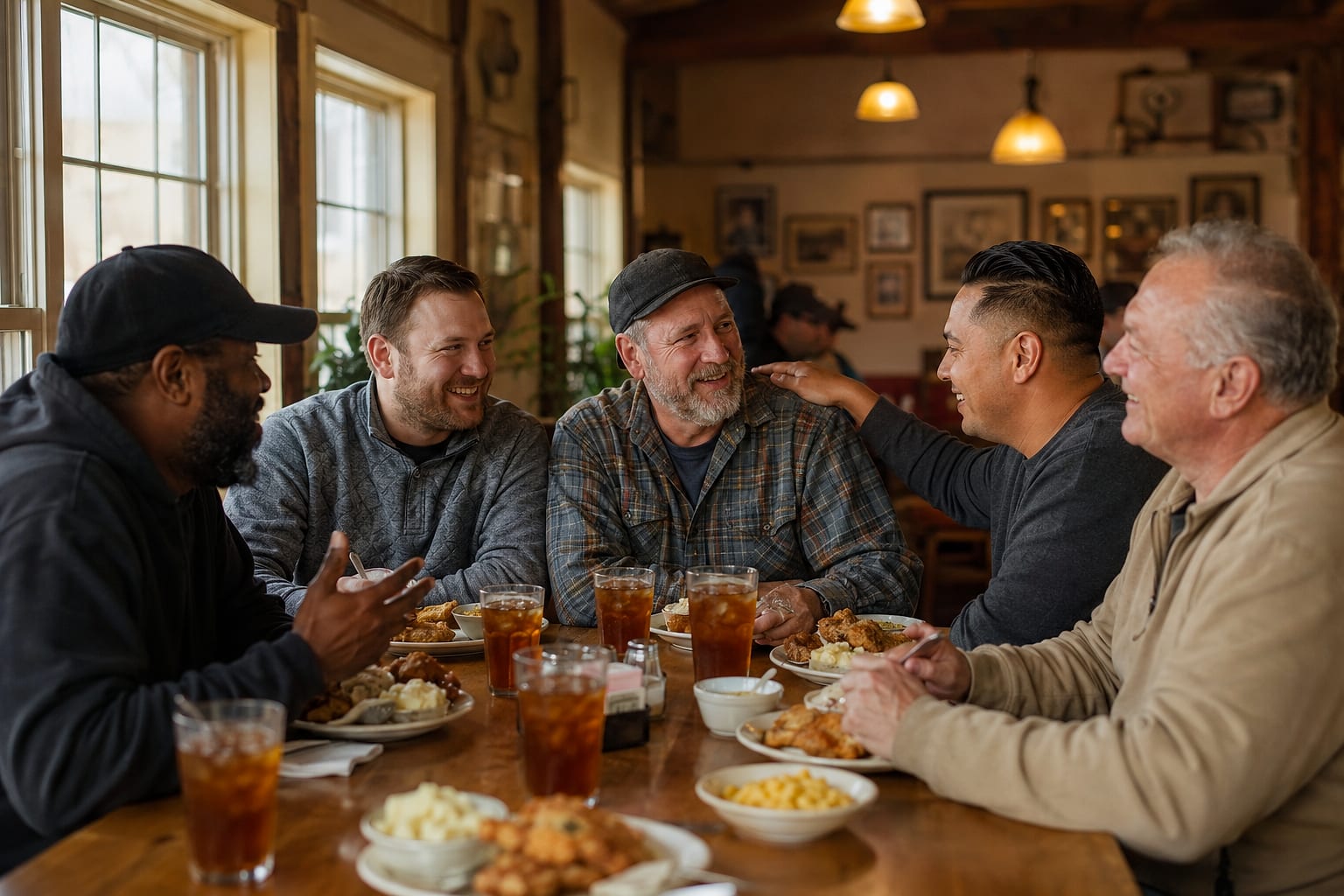 Five men sharing a meal and laughing at a long table
