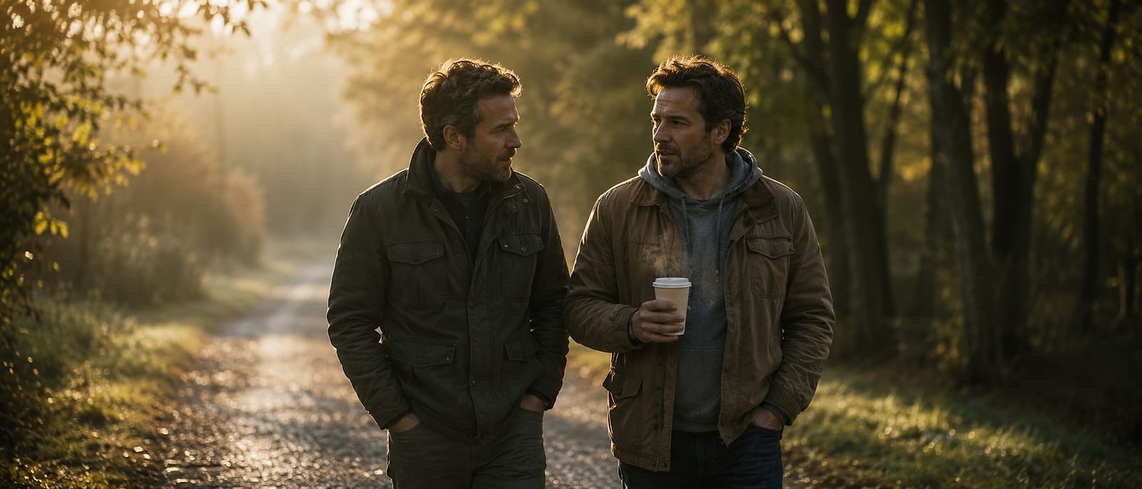 Two men walking and talking on a tree-lined path at golden hour